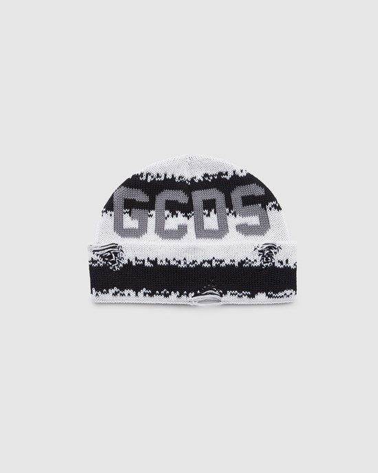 Chapeaux GCDS Rayé Logo Beanie Femme Blanche | 830796-CAQ