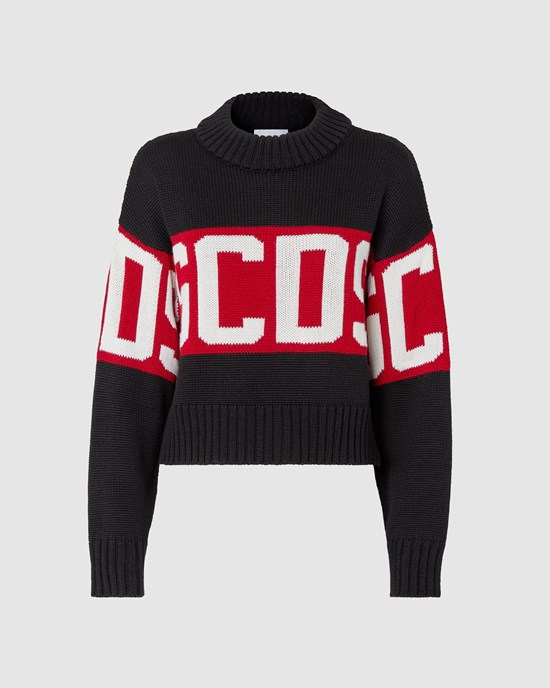 Knitwear GCDS Logo Band Boxy Pull Femme Noir | 042367-MRZ