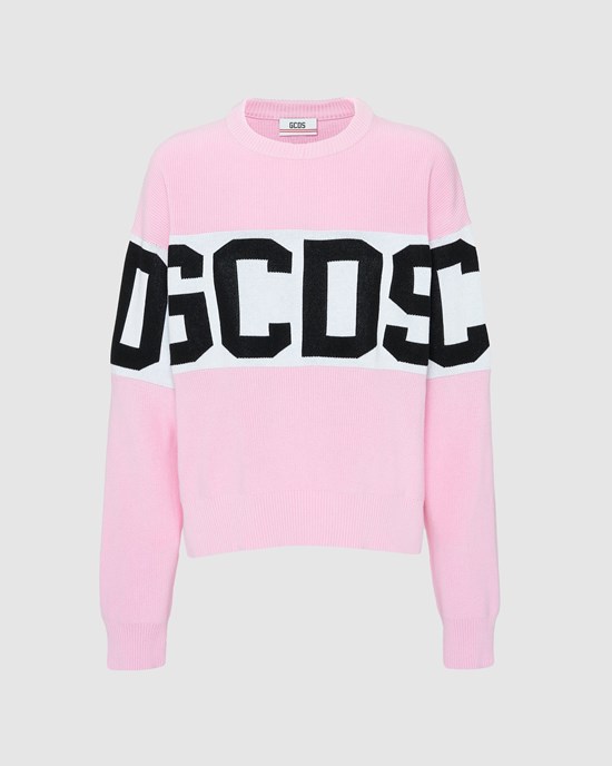 Knitwear GCDS Logo Band Pull Femme Rose | 582971-CRM