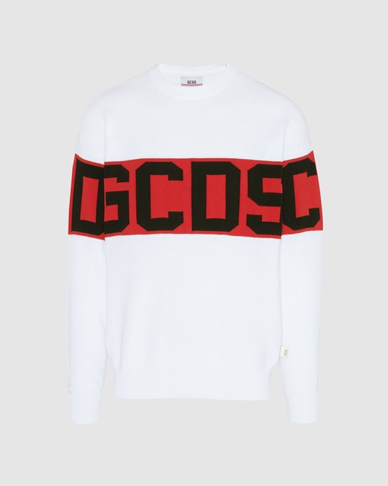 Knitwear GCDS Logo Band Pull Homme Blanche | 452038-TFD
