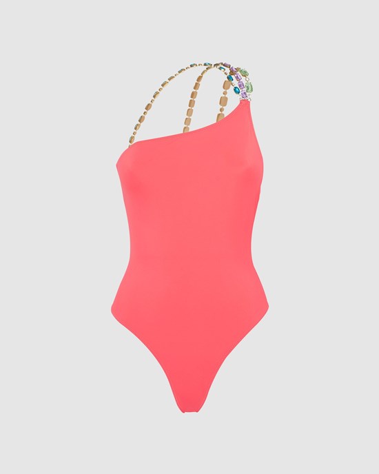 Maillots De Bain GCDS Bling One Shoulder Swimsuit Femme Corail | 864059-WTP