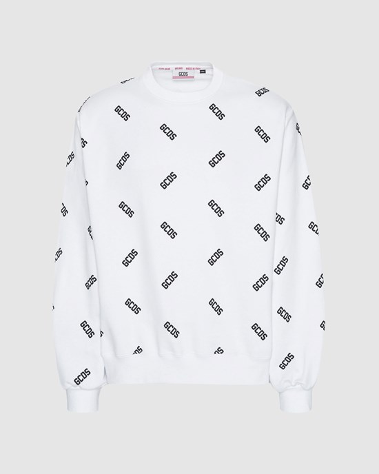Sweat À Capuche GCDS All-over Logo Crewneck Homme Blanche | 164702-MLV