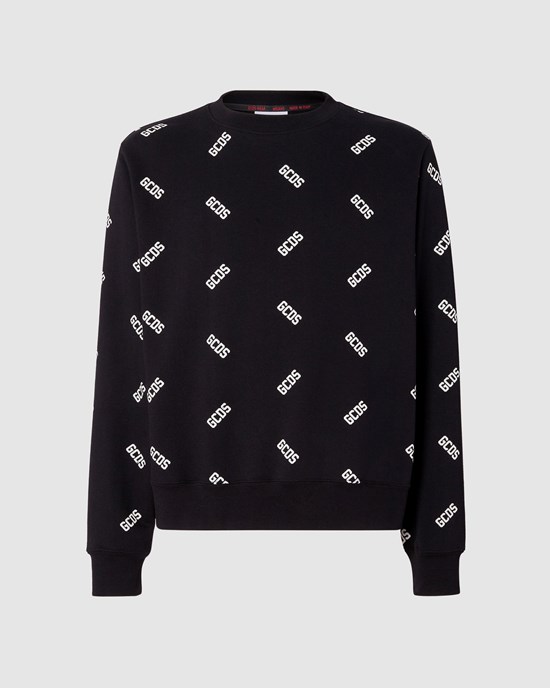 Sweat À Capuche GCDS Allover Logo Regular Crewneck Homme Noir | 650938-PZA