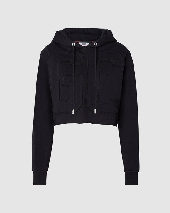 Sweat À Capuche GCDS Embroidered Gcds Logo Cropped Hoodie Femme Noir | 092486-BFZ