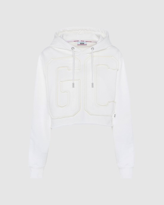 Sweat À Capuche GCDS Embroidered Gcds Logo Crop Hoodie Femme Blanche Foncé | 219835-YRL