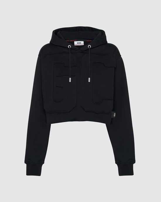 Sweat À Capuche GCDS Embroidered Gcds Logo Crop Hoodie Femme Noir | 269510-GMZ