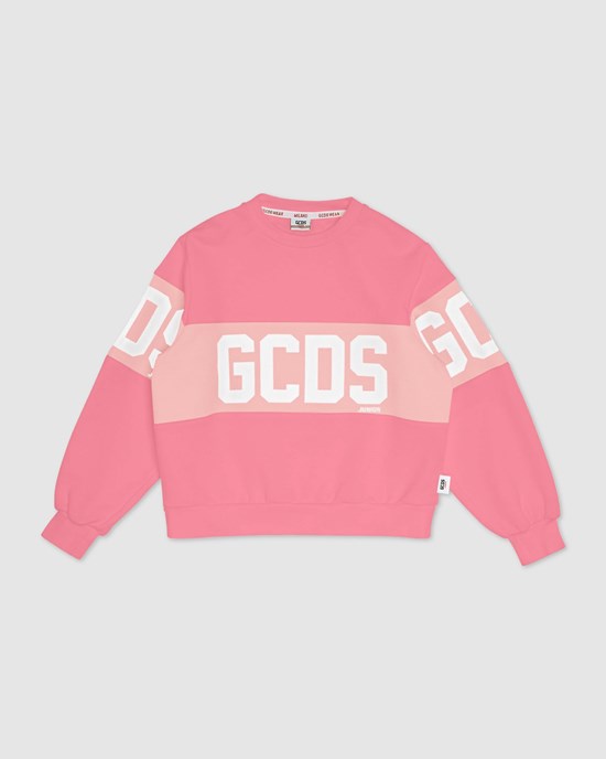 Sweat À Capuche GCDS Logo Band Crewneck Enfant Rose | 405137-VBZ