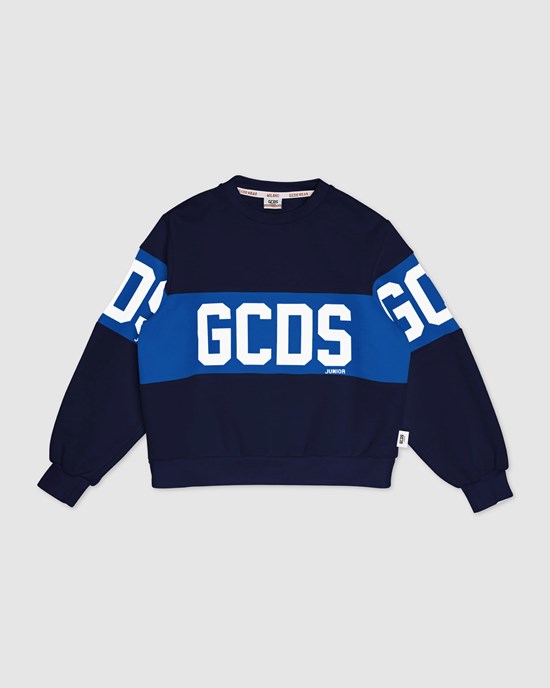 Sweat À Capuche GCDS Logo Band Crewneck Enfant Bleu Foncé | 475823-SAD
