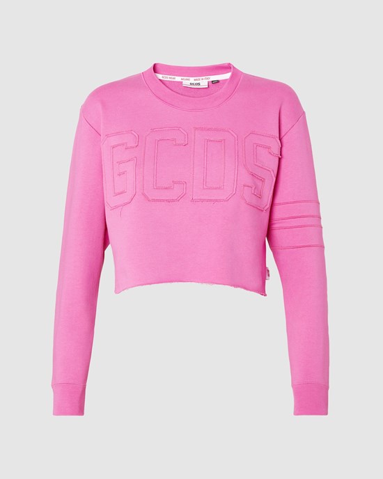 Sweat À Capuche GCDS Logo Band Cropped Crewneck Femme Fushia | 792510-UND
