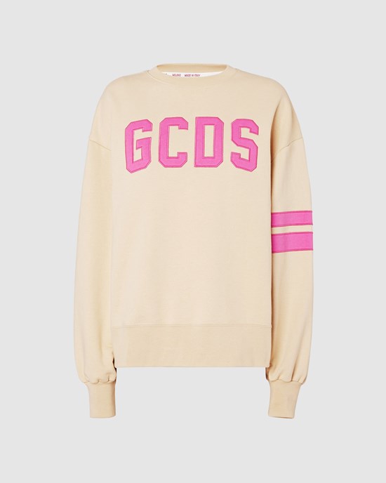 Sweat À Capuche GCDS Logo Oversized Crewneck Femme Marron Clair | 983047-PST