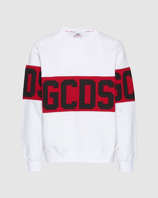 Sweat À Capuche GCDS Logo Band Crewneck Homme Blanche | 259043-ODI
