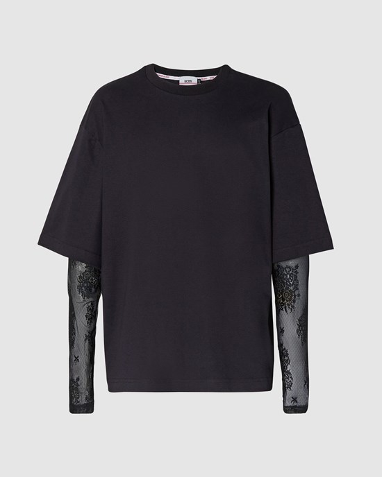 T Shirts GCDS Dentelle Oversized T-shirt Homme Noir | 865342-MOP