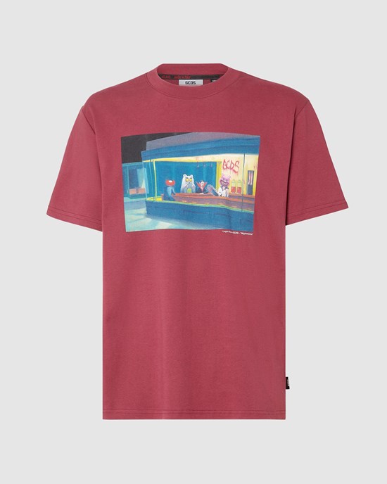 T Shirts GCDS Nightmares Printed Regular T-shirt Homme Bordeaux | 674581-KCH