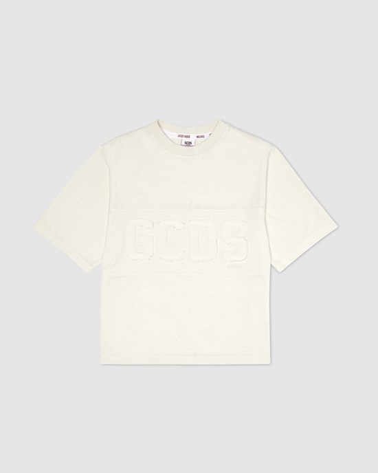 T Shirts GCDS Overdyed Gcds Logo Band T-shirt Enfant Blanche | 504839-RUA