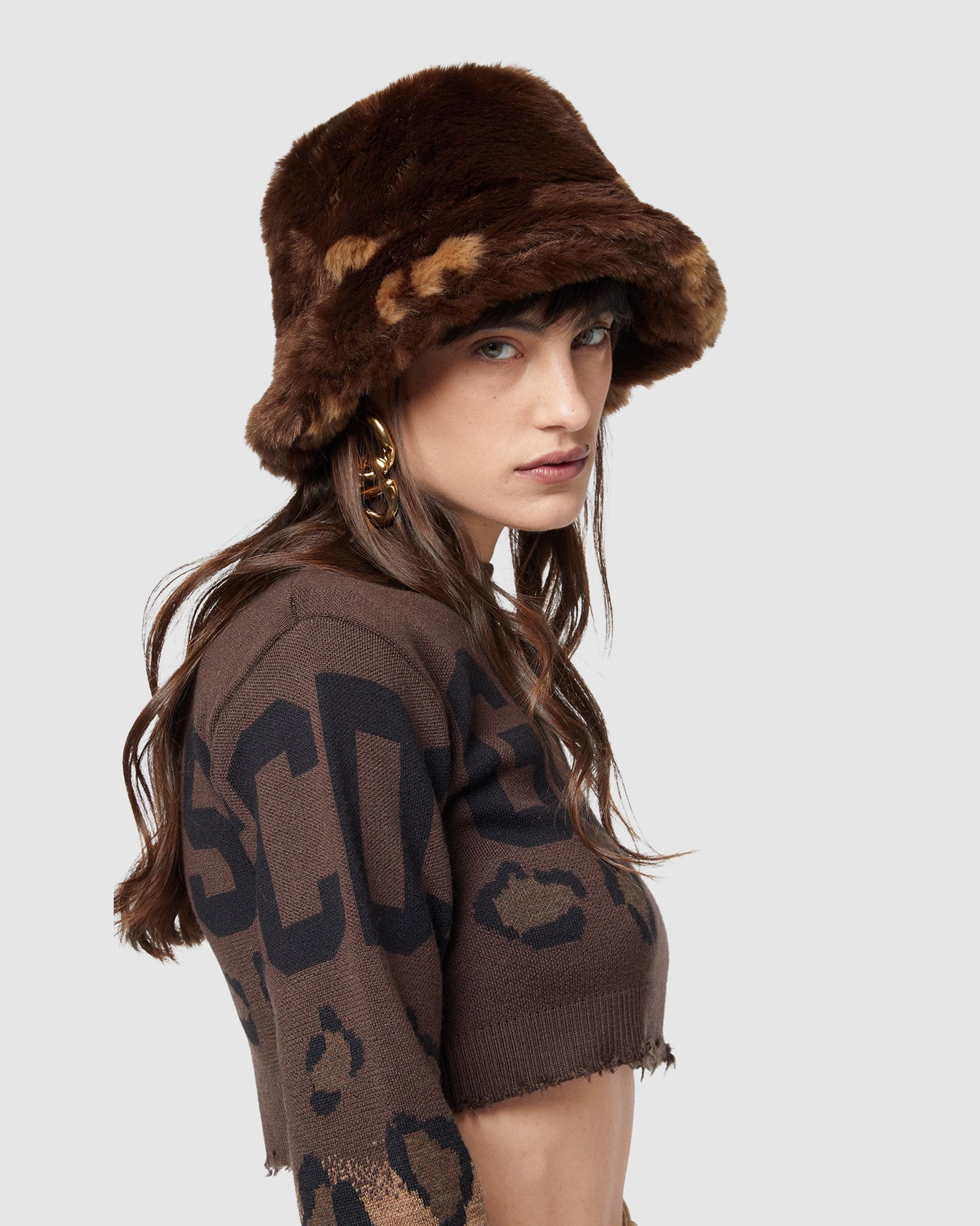 Chapeaux GCDS Faux Fur Bucket Hat Femme Marron | 874615-URM