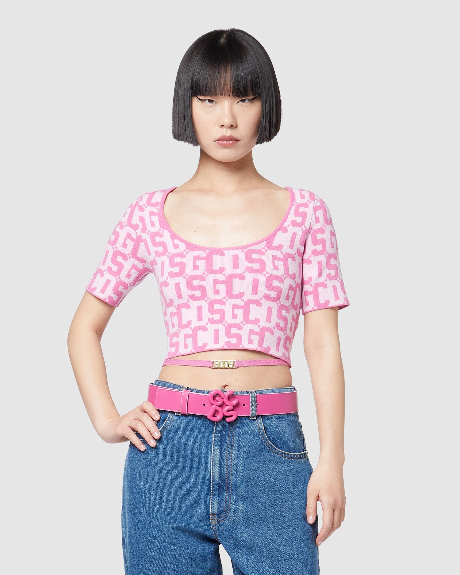 Hauts GCDS Monogram Jacquard Cropped Top Femme Rose | 270493-TVY