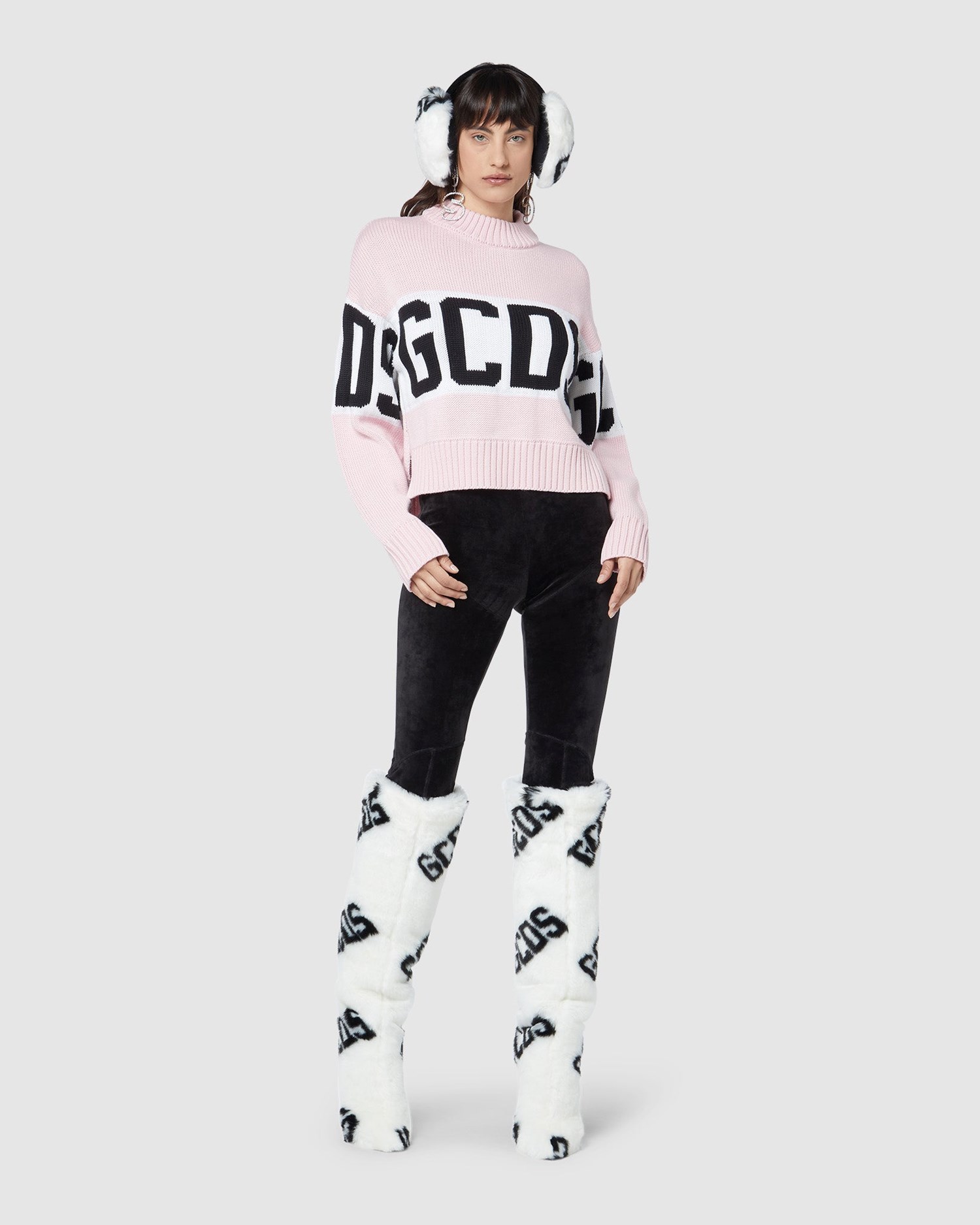 Knitwear GCDS Logo Band Boxy Pull Femme Rose | 203684-HMG