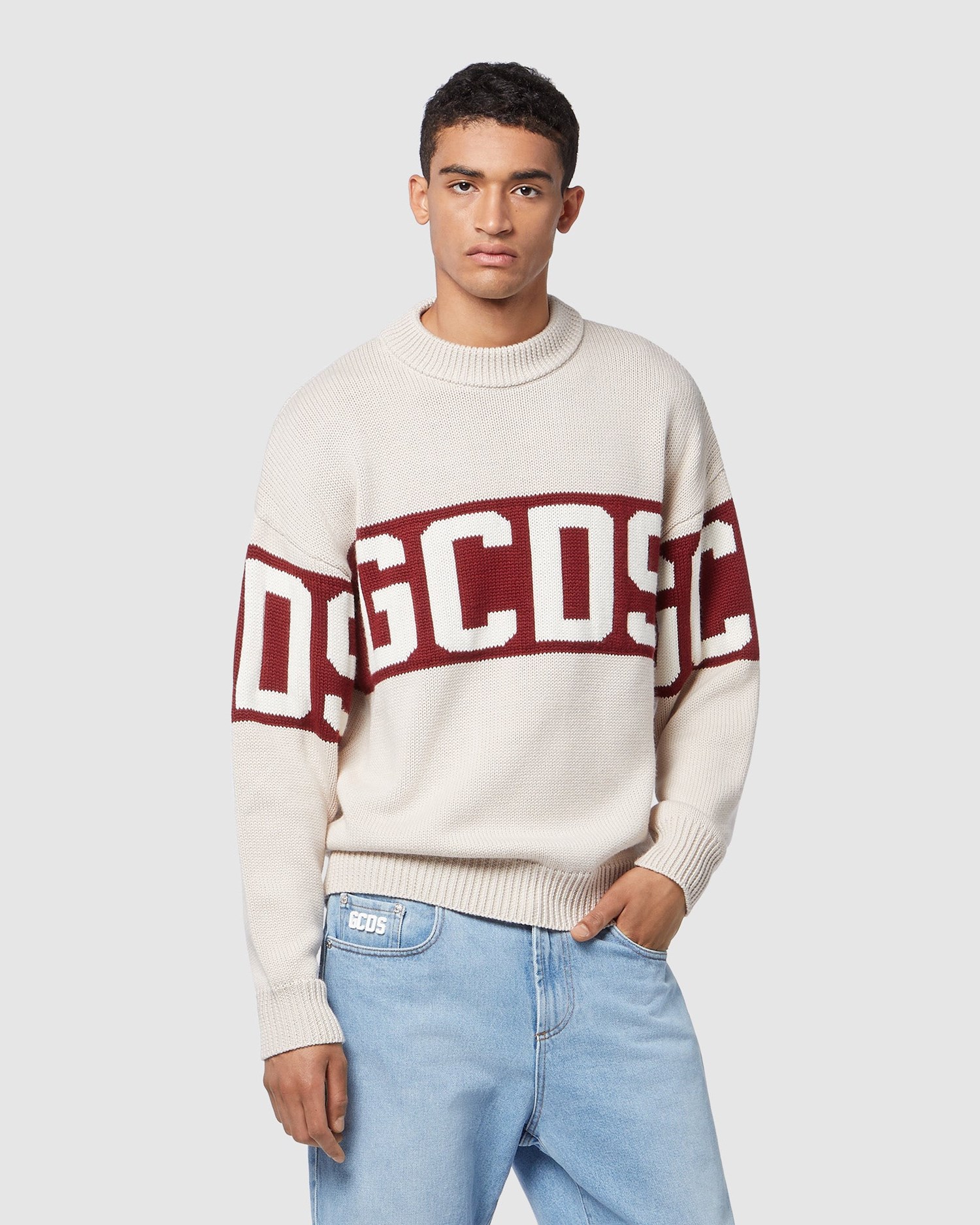 Knitwear GCDS Logo Band Pull Homme Blanche | 103648-KEZ