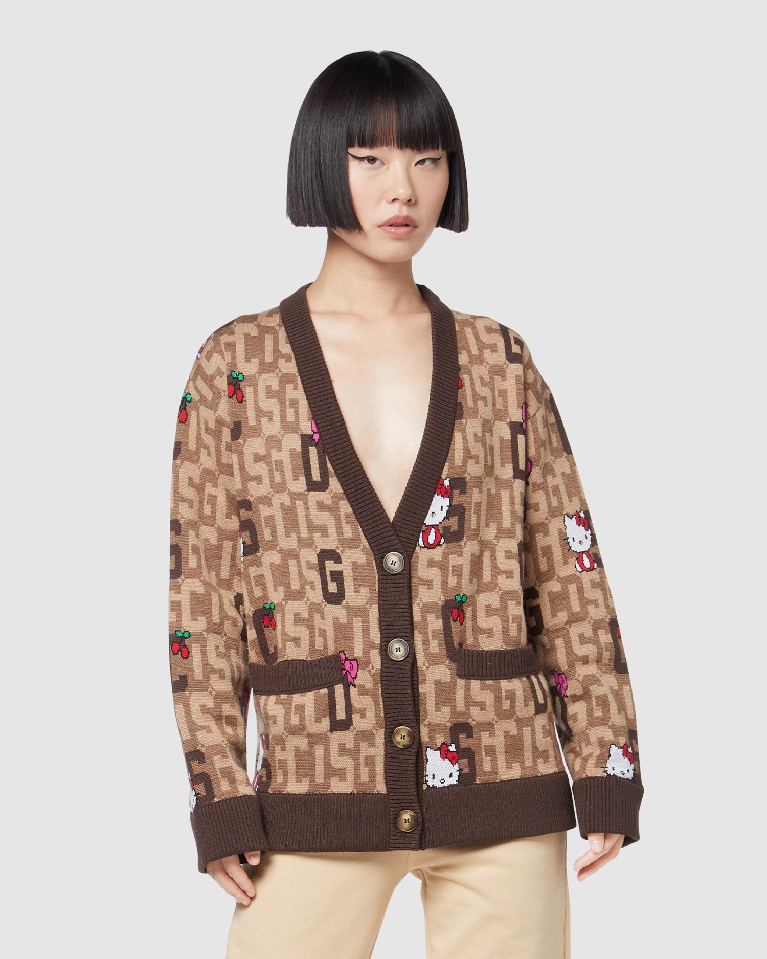 Knitwear GCDS Hello Kitty Monogram Cardigan Femme Marron | 029486-BSQ