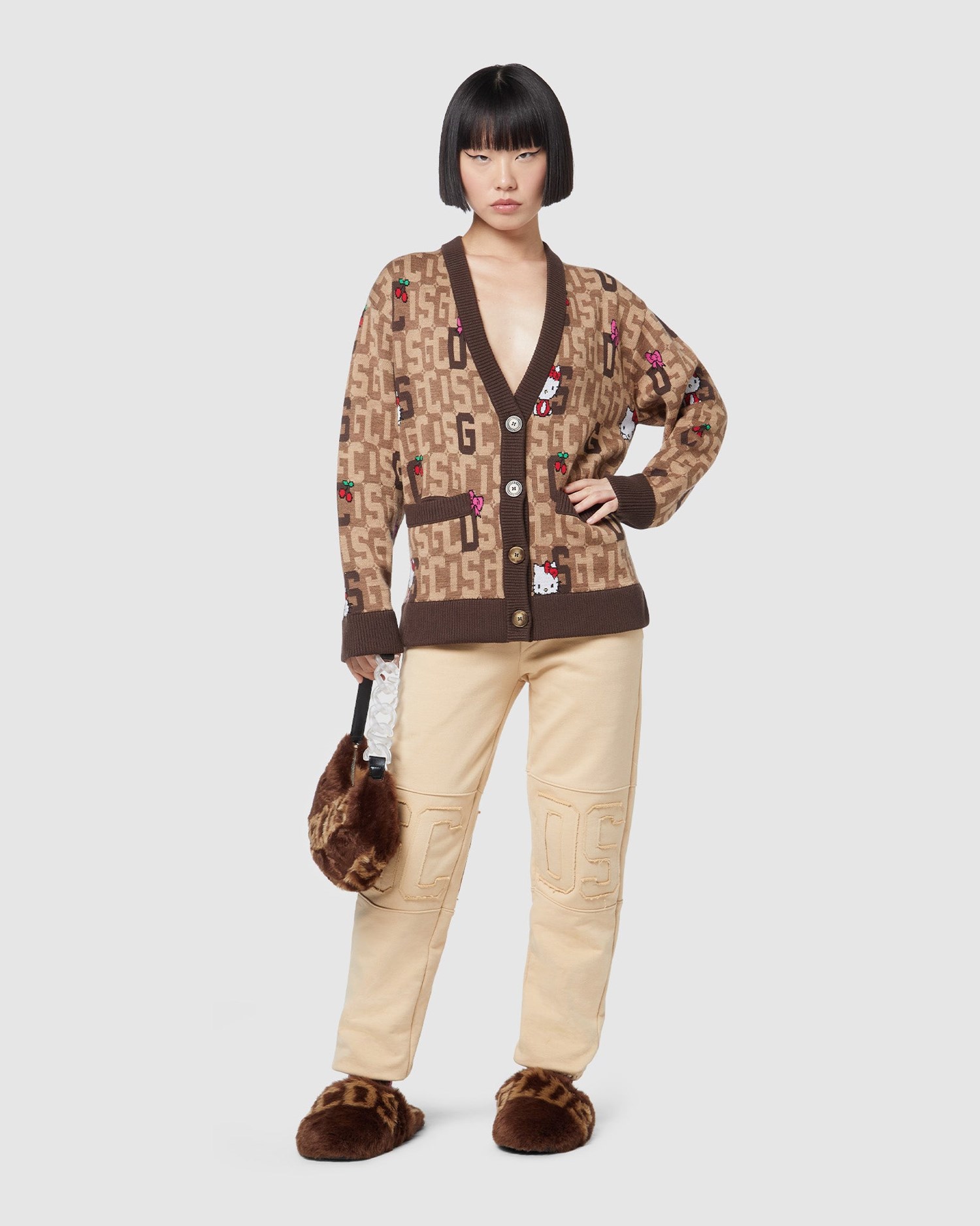 Knitwear GCDS Hello Kitty Monogram Cardigan Femme Marron | 029486-BSQ