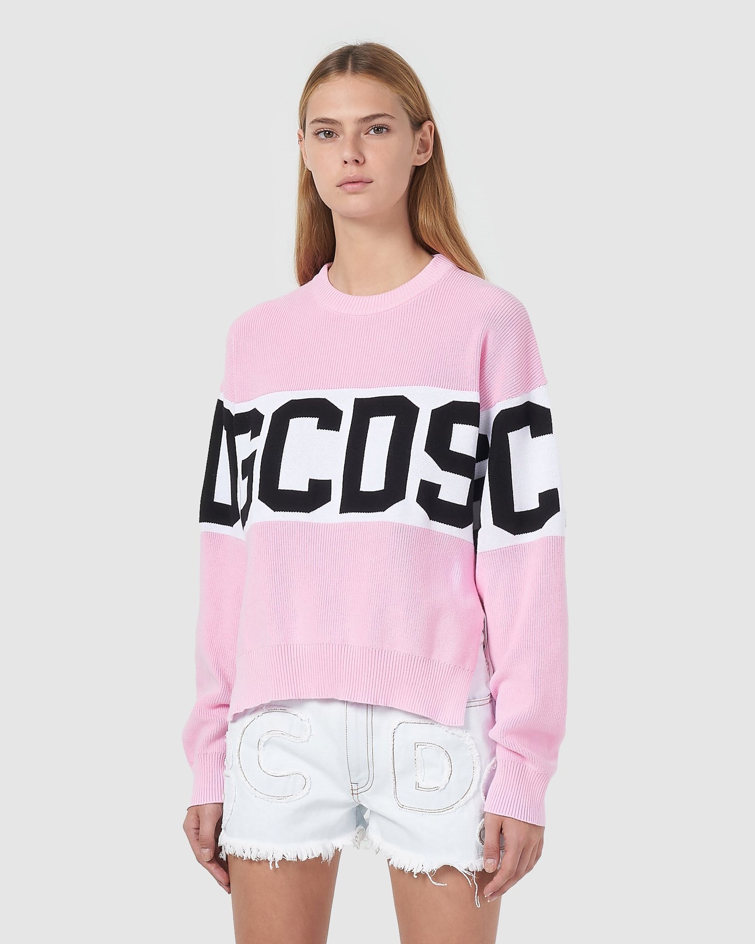 Knitwear GCDS Logo Band Pull Femme Rose | 582971-CRM