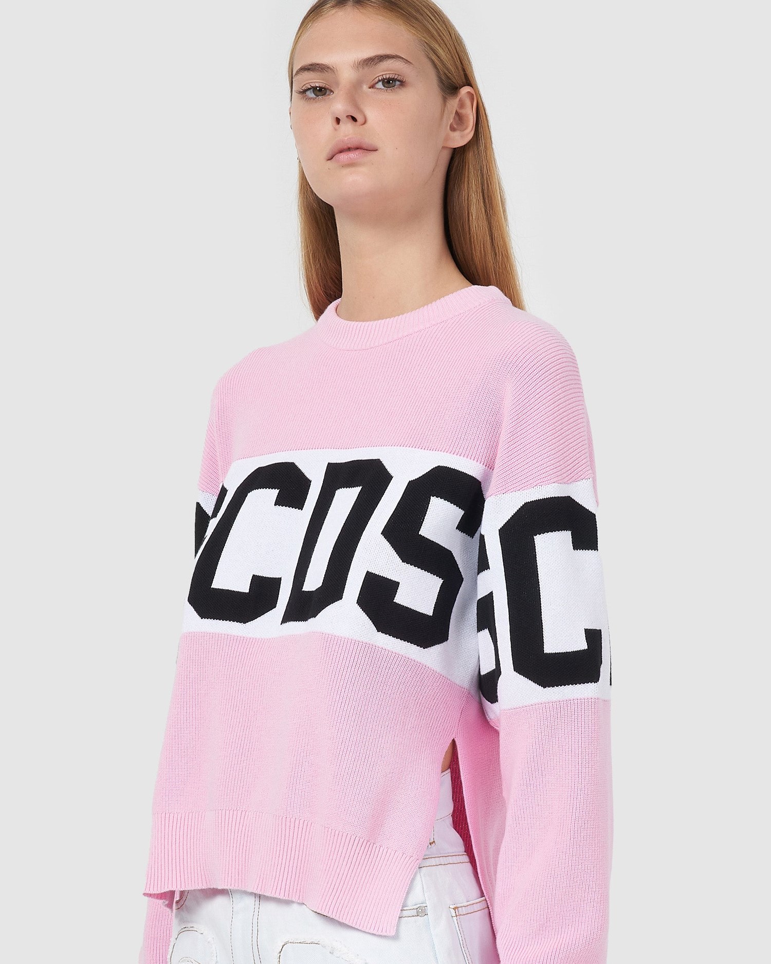 Knitwear GCDS Logo Band Pull Femme Rose | 582971-CRM