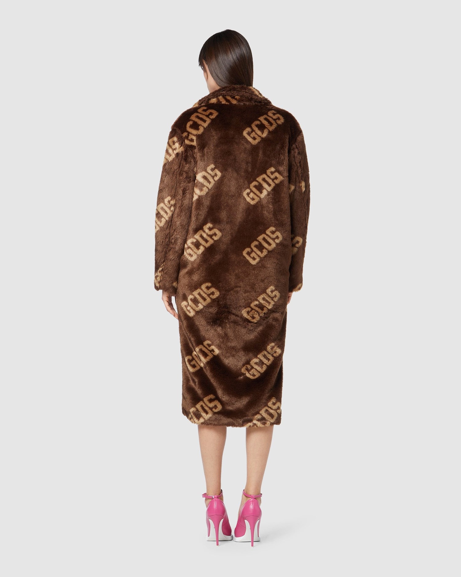 Manteaux GCDS Logo Faux Fur Coat Femme Marron | 609287-JRK