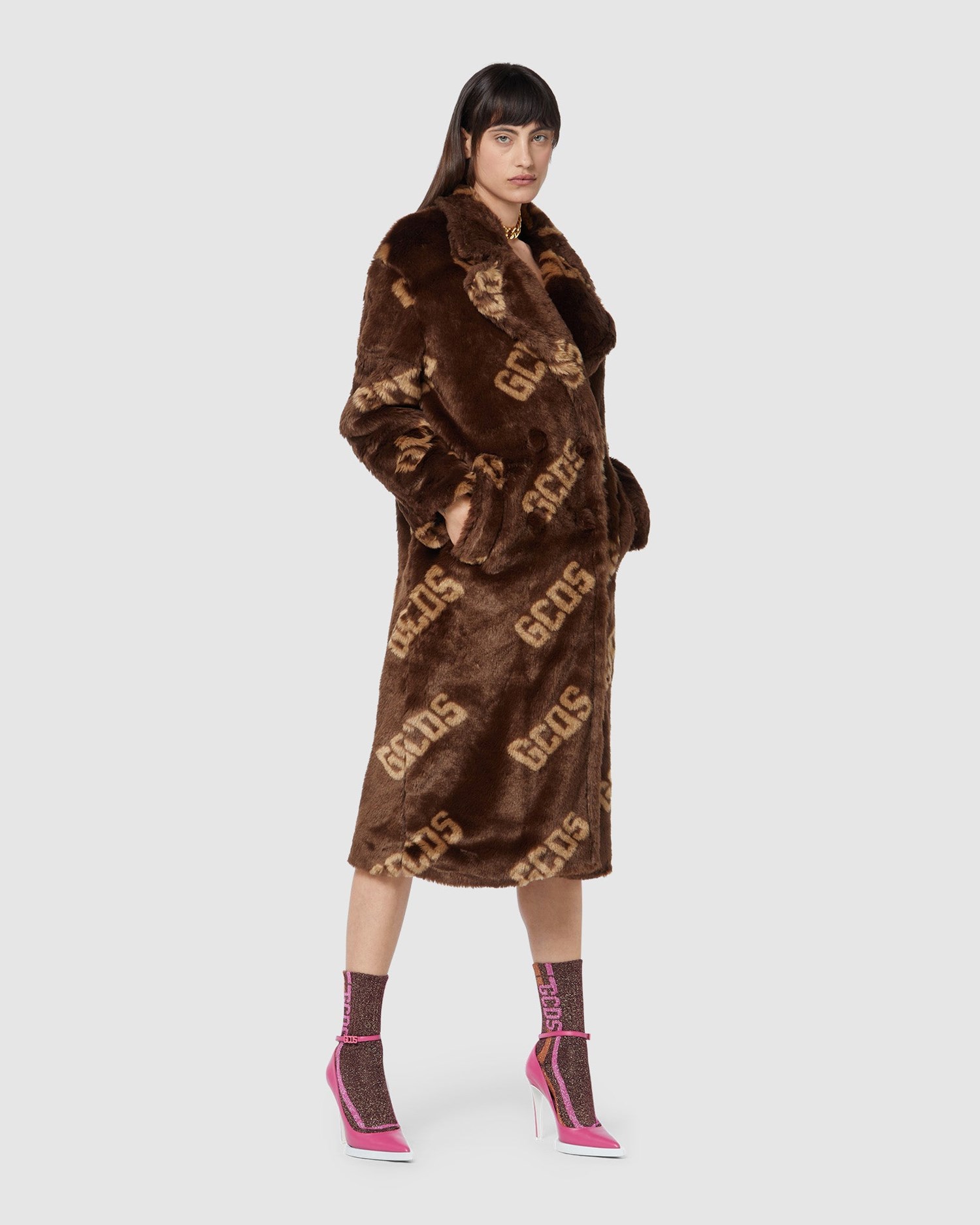 Manteaux GCDS Logo Faux Fur Coat Femme Marron | 609287-JRK