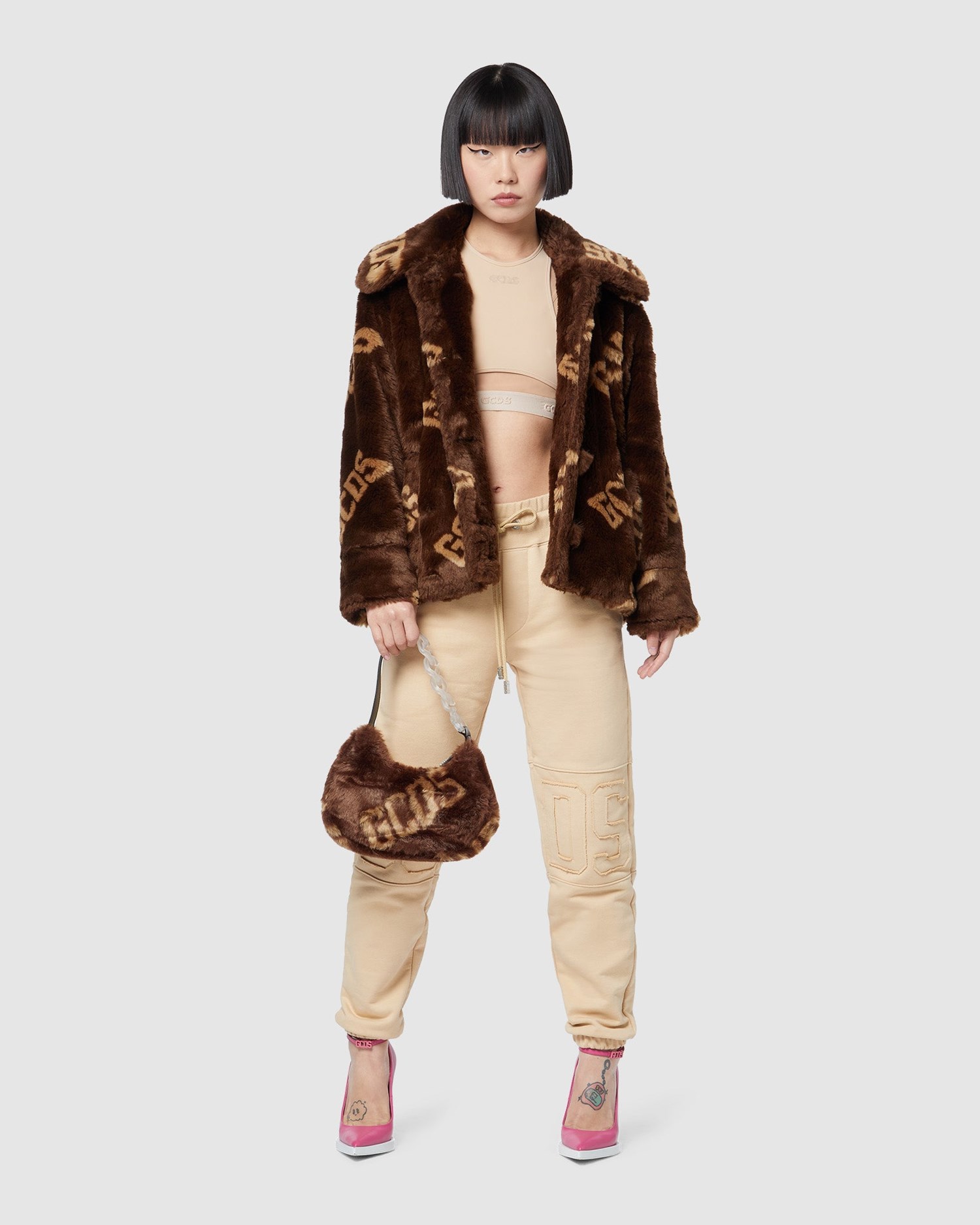 Sacs GCDS Faux Fur Hobo Bag Femme Marron | 891432-LAN