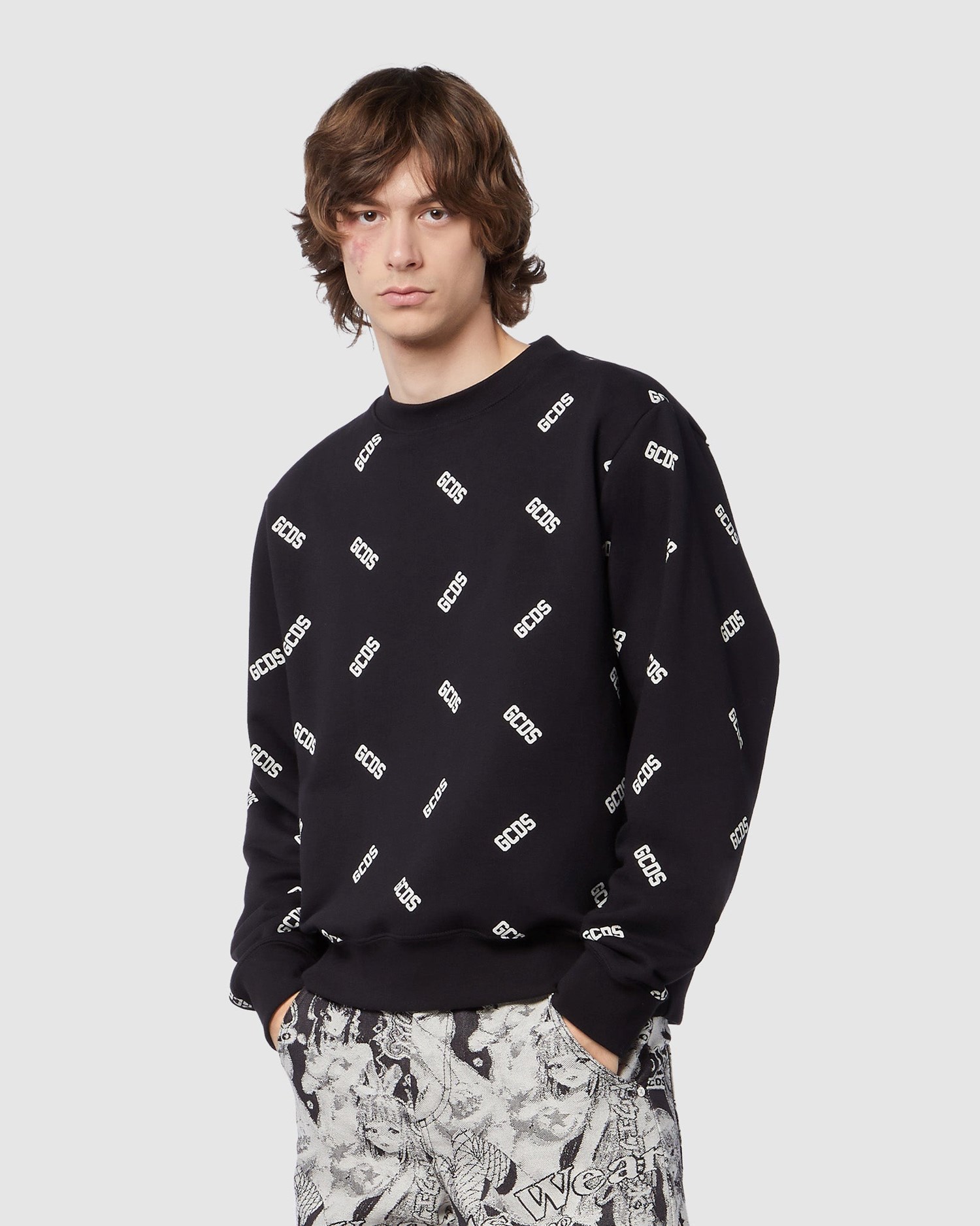 Sweat À Capuche GCDS Allover Logo Regular Crewneck Homme Noir | 650938-PZA