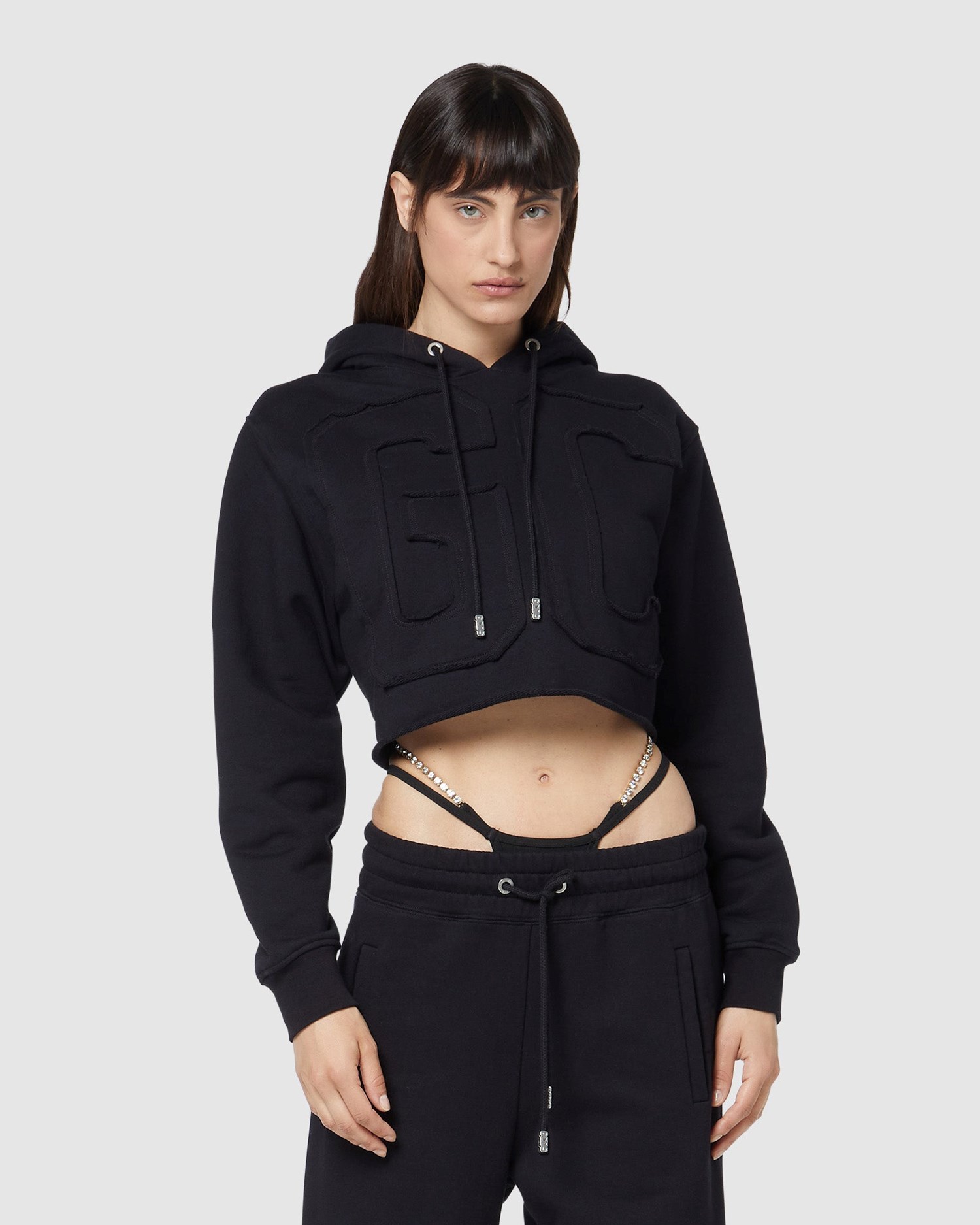 Sweat À Capuche GCDS Embroidered Gcds Logo Cropped Hoodie Femme Noir | 092486-BFZ