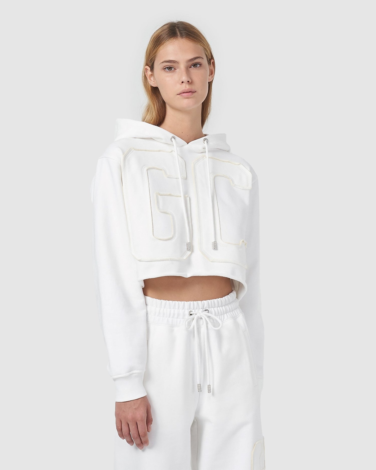 Sweat À Capuche GCDS Embroidered Gcds Logo Crop Hoodie Femme Blanche Foncé | 219835-YRL