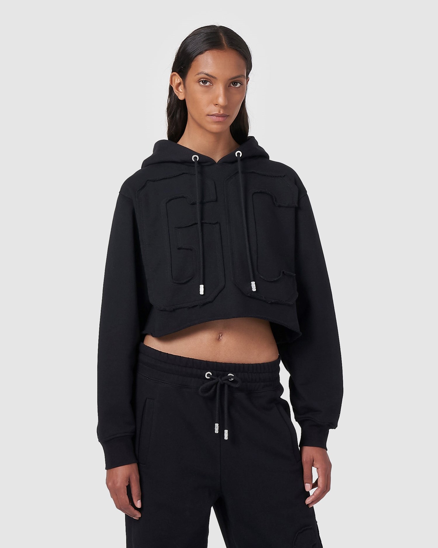 Sweat À Capuche GCDS Embroidered Gcds Logo Crop Hoodie Femme Noir | 269510-GMZ