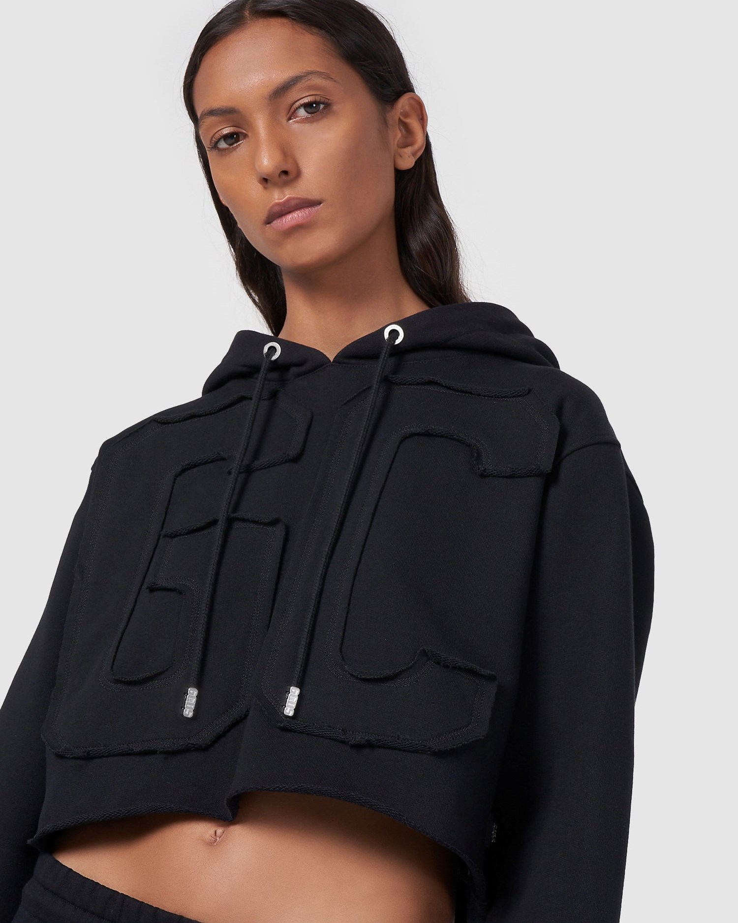 Sweat À Capuche GCDS Embroidered Gcds Logo Crop Hoodie Femme Noir | 269510-GMZ