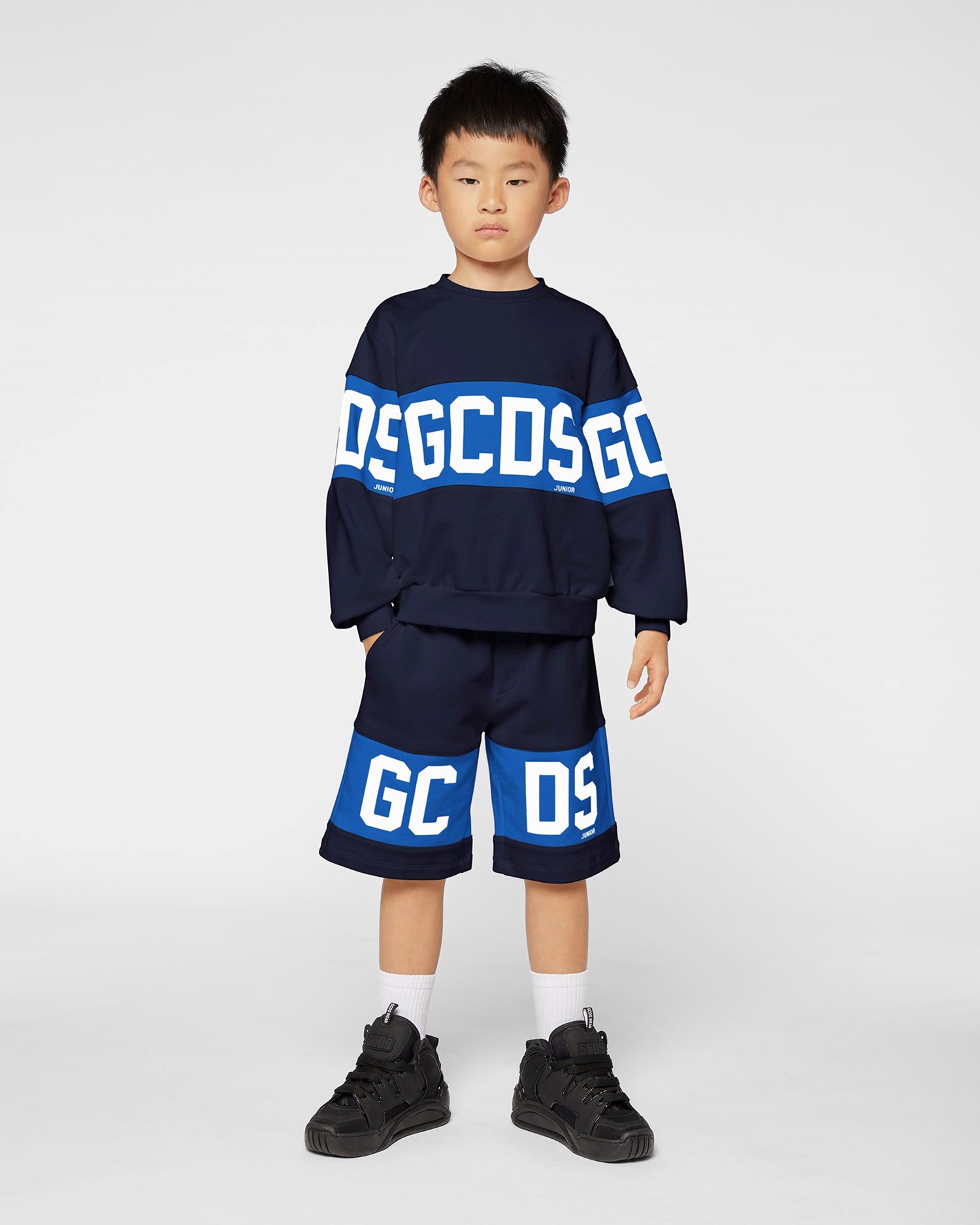 Sweat À Capuche GCDS Logo Band Crewneck Enfant Bleu Foncé | 475823-SAD