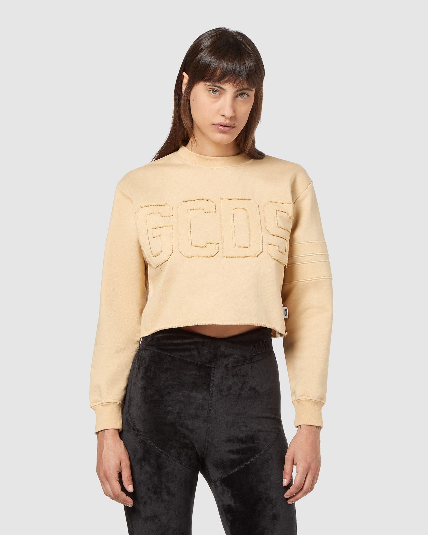 Sweat À Capuche GCDS Logo Band Cropped Crewneck Femme Marron Clair | 516720-HIW