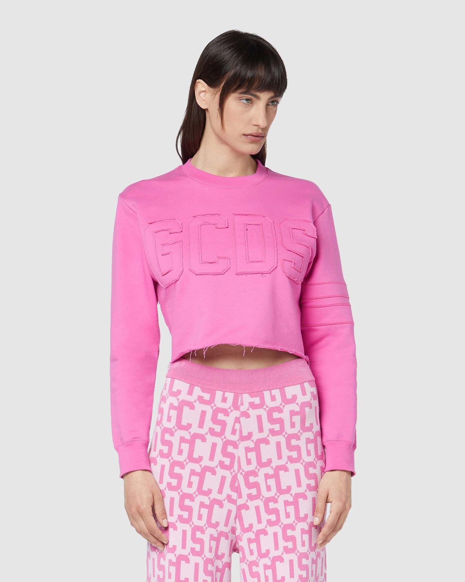 Sweat À Capuche GCDS Logo Band Cropped Crewneck Femme Fushia | 792510-UND