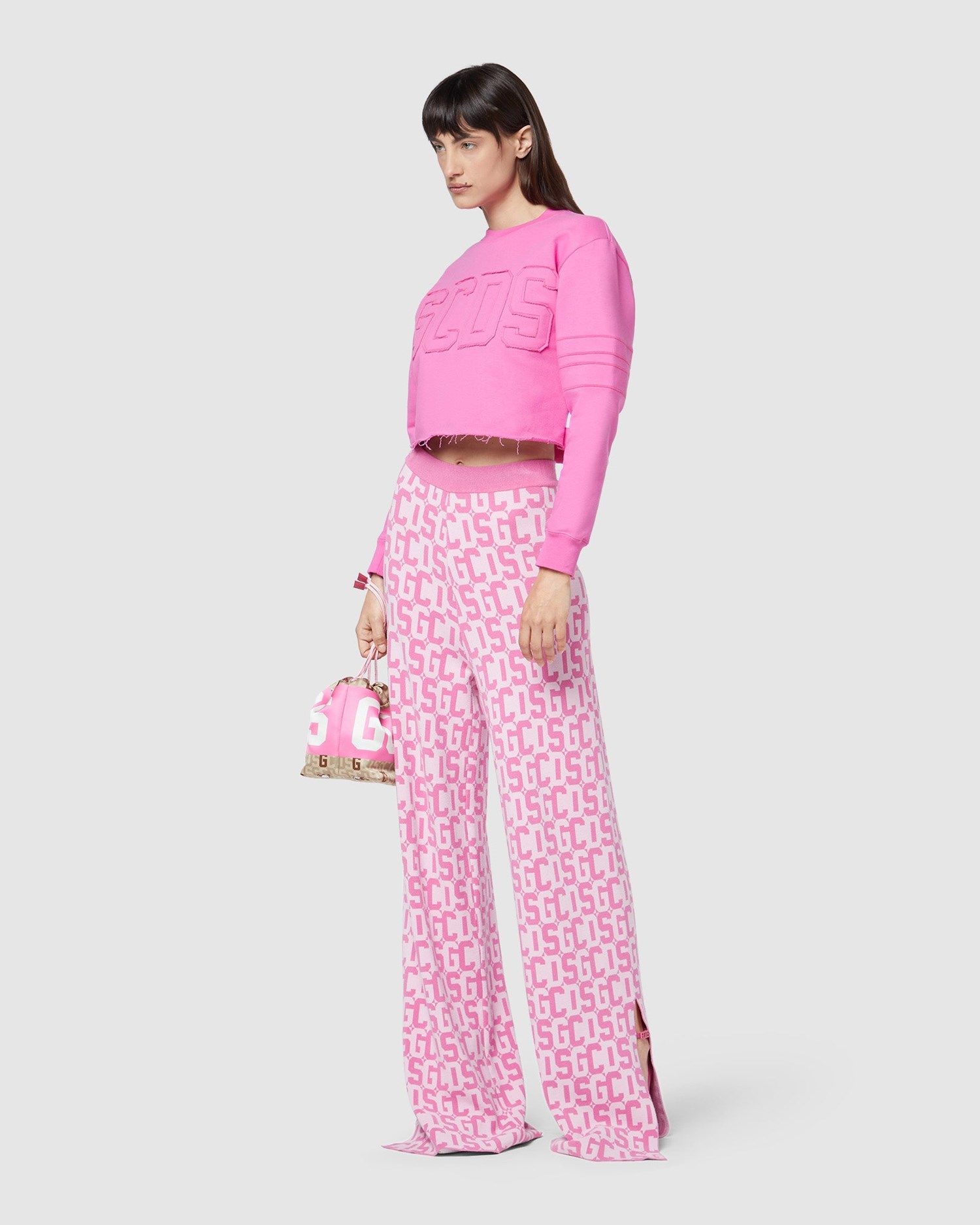 Sweat À Capuche GCDS Logo Band Cropped Crewneck Femme Fushia | 792510-UND