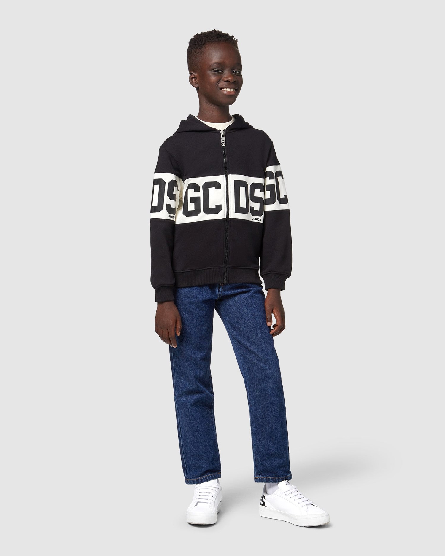 Sweat À Capuche GCDS Logo Band Zip-up Hoodie Enfant Noir | 602913-VKD