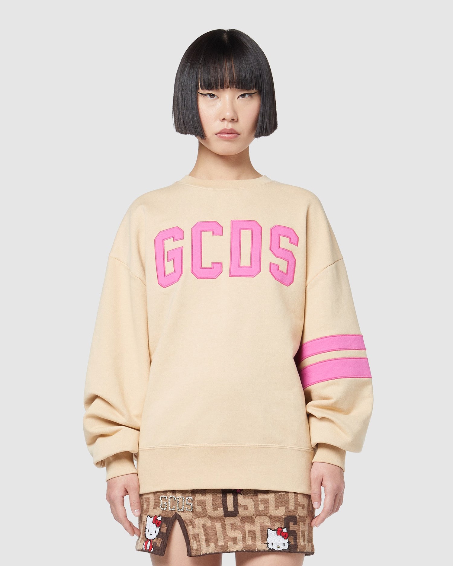 Sweat À Capuche GCDS Logo Oversized Crewneck Femme Marron Clair | 983047-PST