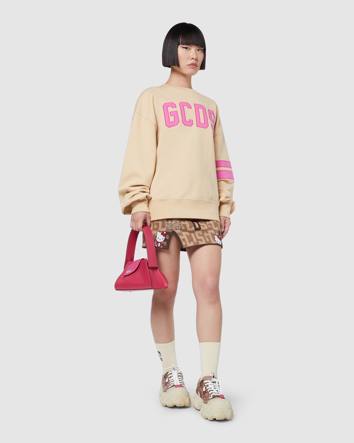 Sweat À Capuche GCDS Logo Oversized Crewneck Femme Marron Clair | 983047-PST
