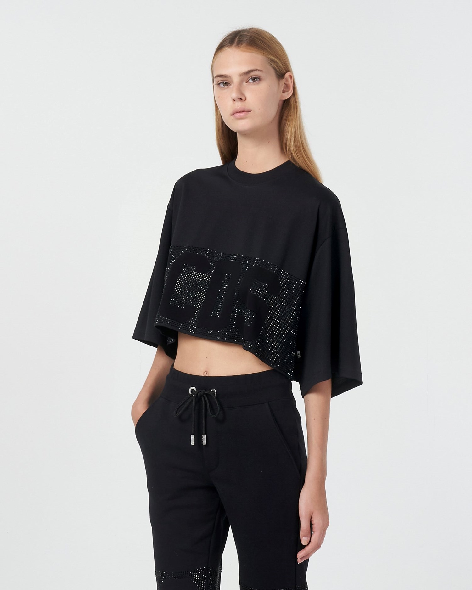 T Shirts GCDS Bling Logo Band Crop T-shirt Femme Noir | 548217-QKW