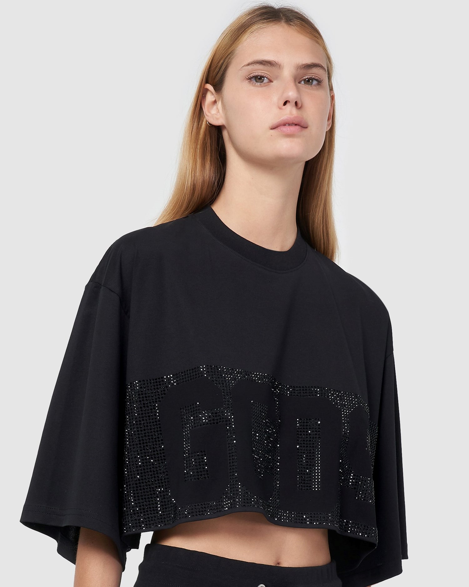 T Shirts GCDS Bling Logo Band Crop T-shirt Femme Noir | 548217-QKW