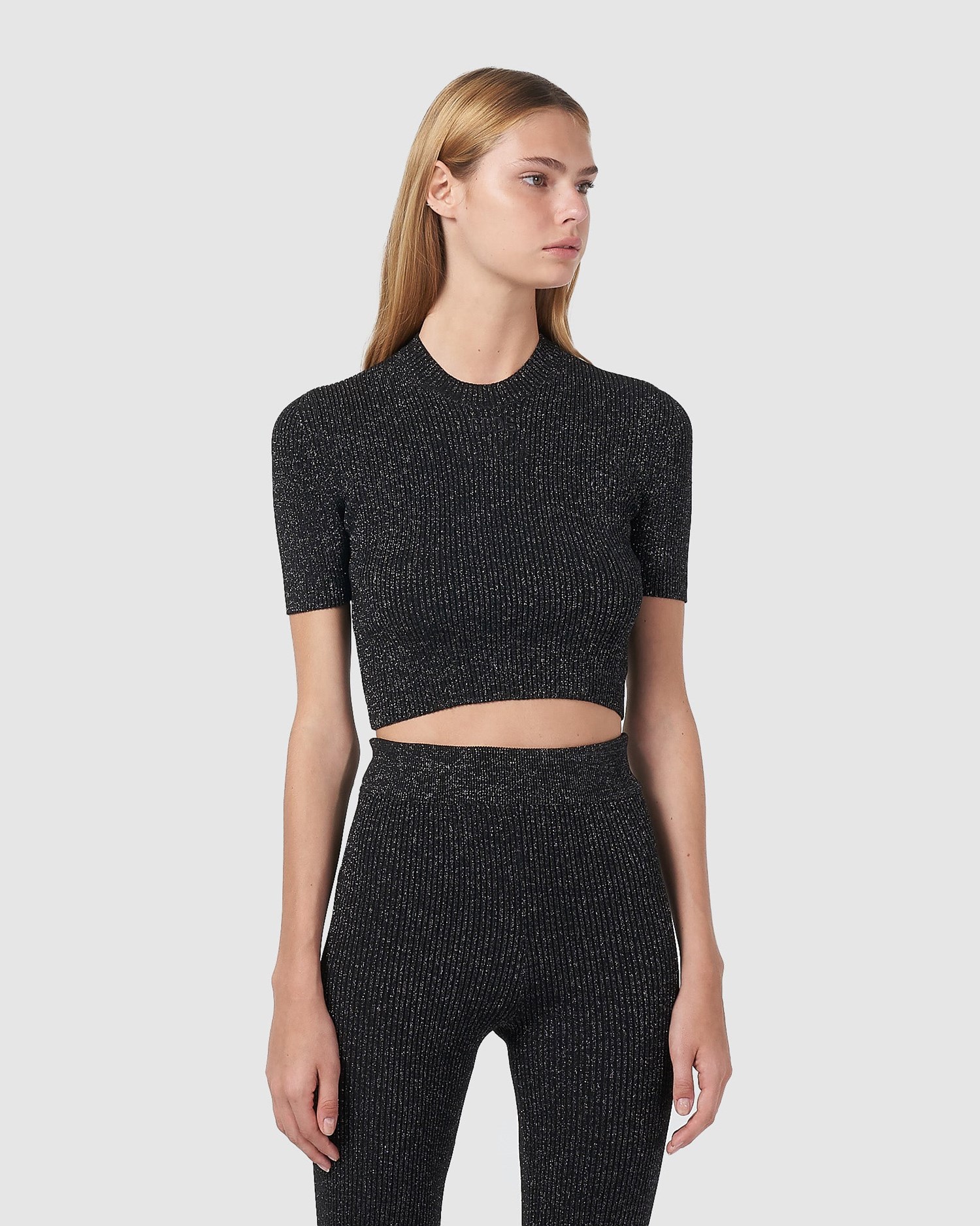 T Shirts GCDS Lurex Nervuré Crop Top Femme Noir | 416398-MQK