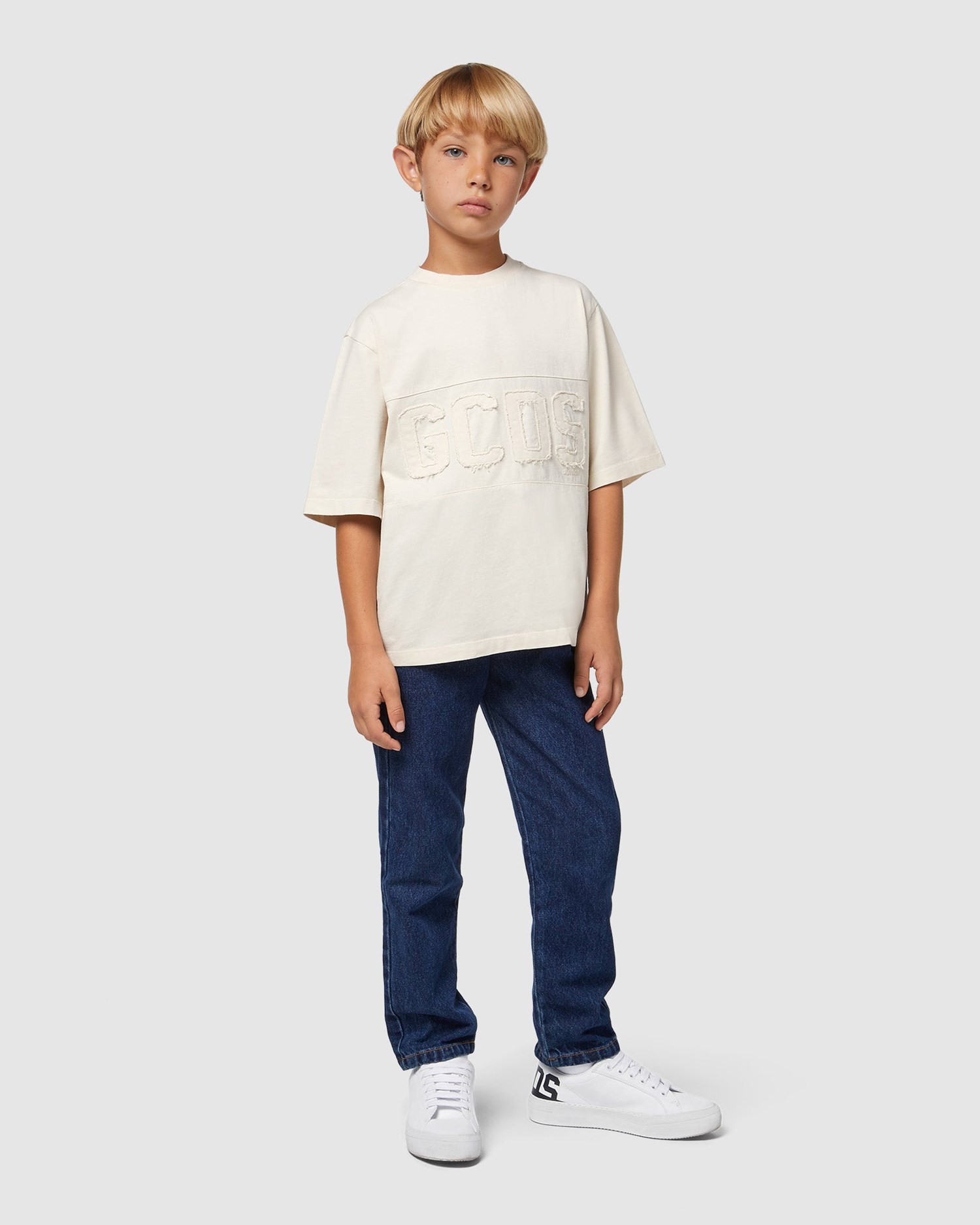 T Shirts GCDS Overdyed Gcds Logo Band T-shirt Enfant Blanche | 504839-RUA